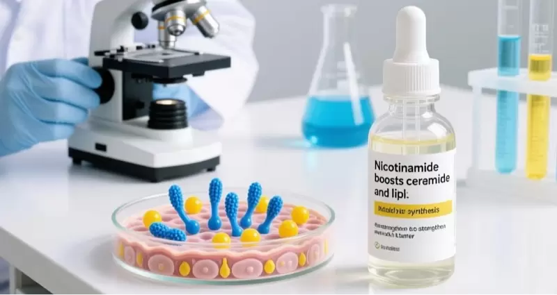 La nicotinamida aumenta la síntesis de ceramidas y lípidos para fortalecer la barrera cutánea.